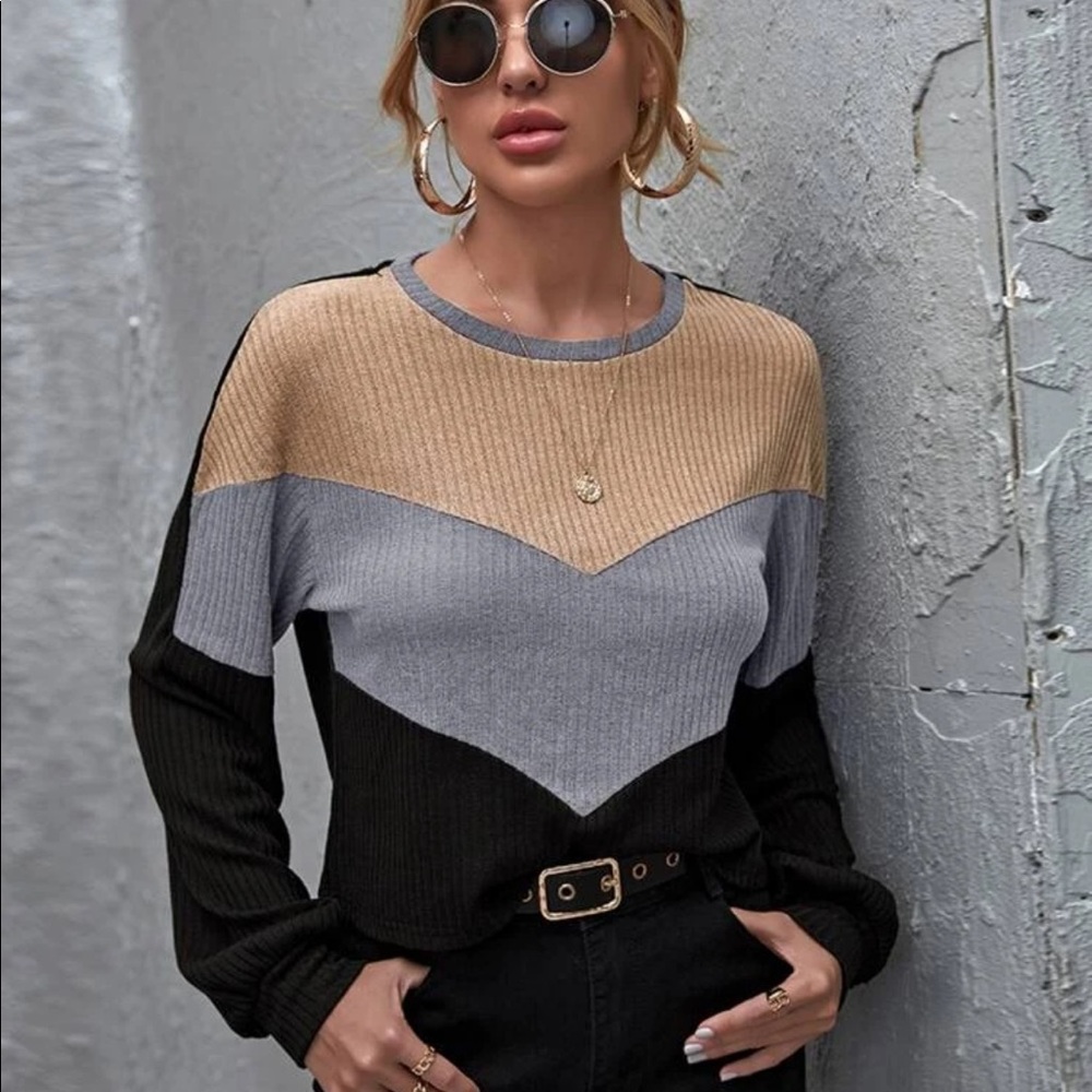 Stylish Colorblock Sweatshirt - Black, Gray, Tan